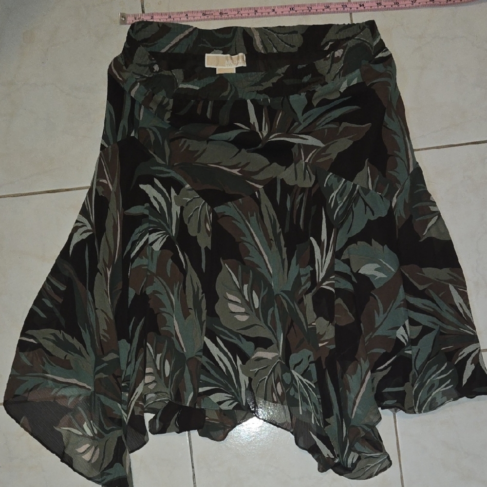 Michael Kors Asymmetrical Leaf Print Skirt - Green and Brown, Size M